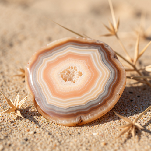 Pierre d’agate du Botswana polie, aux fines bandes concentriques dans des tons pêche, crème, gris et brun, posée sur du sable naturel.