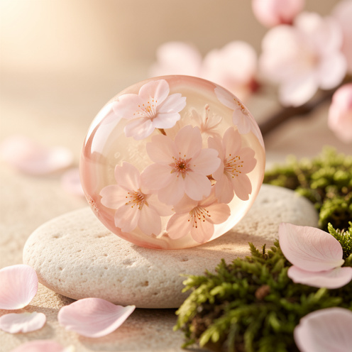 Gros plan d'une agate fleur de cerisier polie, aux motifs minéraux rose pâle et crème évoquant des fleurs de cerisier, posée sur une pierre claire avec quelques pétales.