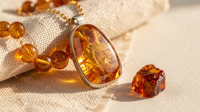 Pendentif en ambre lumineux entouré de perles polies et d’un fragment d’ambre brut sur un tissu en lin naturel, dans des tons miel, dorés et cognac.