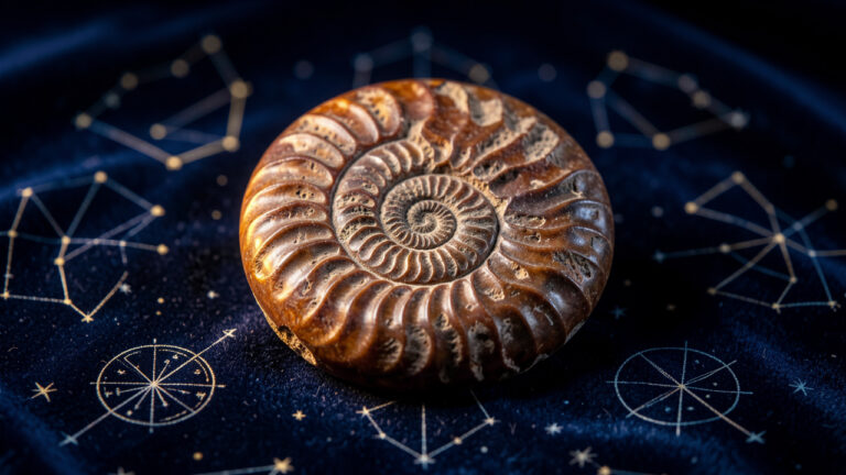Fossile d’ammonite poli posé sur un velours bleu nuit, entouré de motifs célestes et de constellations lumineuses évoquant l’astrologie.