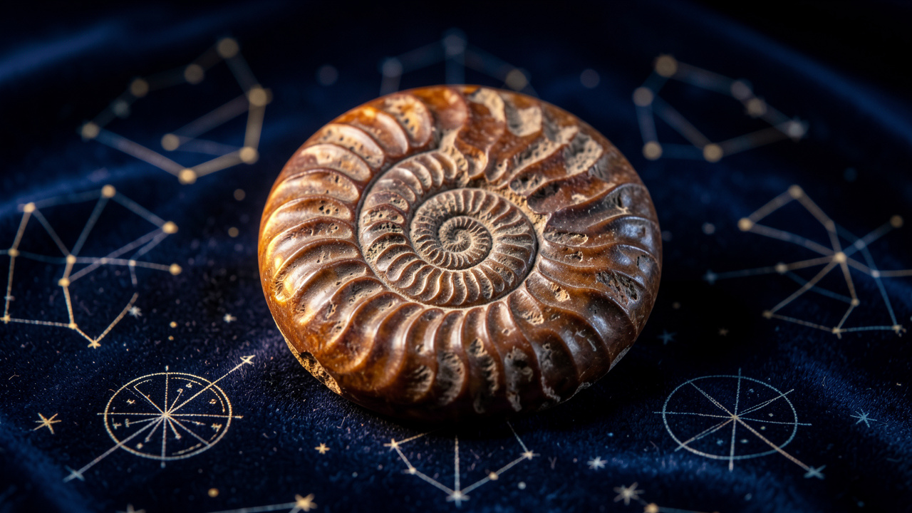 Fossile d’ammonite poli posé sur un velours bleu nuit, entouré de motifs célestes et de constellations lumineuses évoquant l’astrologie.
