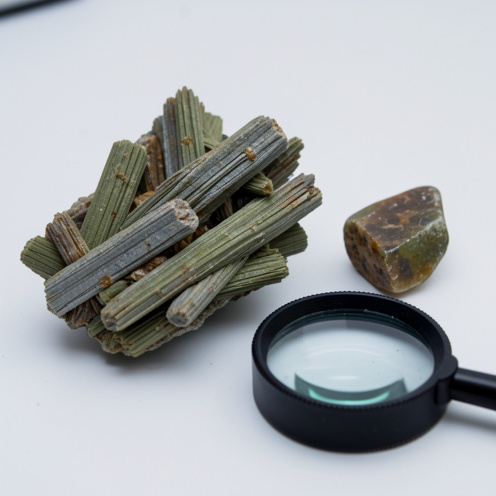 Échantillon d’anthophyllite aux cristaux prismatiques et fibreux, présenté avec un fragment poli et une loupe géologique dans un contexte d’identification minéralogique.