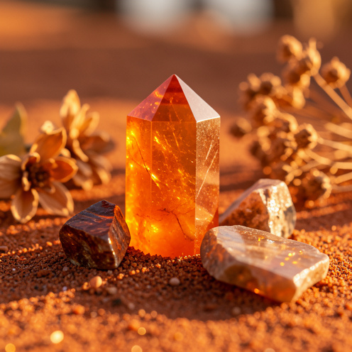 Cristal d’aventurine orange poli et fragments naturels disposés sur du sable couleur terre cuite, baignés d’une lumière dorée.