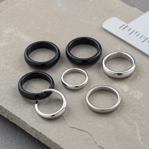 Plusieurs bagues en hématite polie de styles et de tailles variés, présentées sur une surface minérale neutre avec un guide de mesure discret.