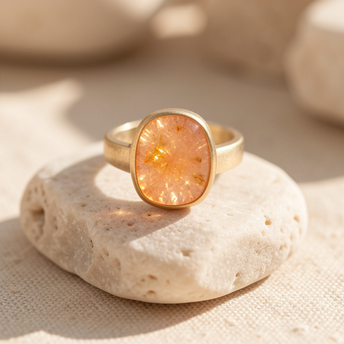 Bague artisanale en pierre de soleil aux nuances pêche et dorées, présentée sur une pierre claire dans une lumière douce.