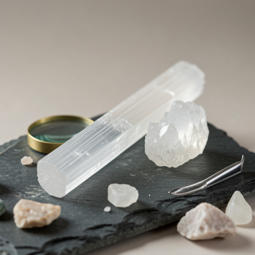 Bâton de sélénite translucide aux fibres parallèles, présenté avec un échantillon de gypse naturel, une loupe et quelques fragments minéraux sur une surface sombre.