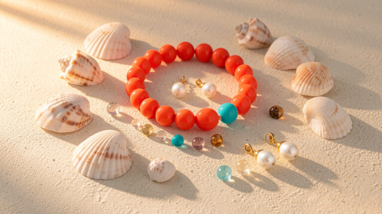 Composition élégante de bijoux en corail entourés de coquillages et de pierres célestes, dans des tons rouges, turquoise, blancs nacrés et dorés.