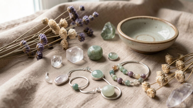 Composition de bijoux en pierres naturelles polies, présentés sur du lin avec des éléments botaniques dans une ambiance douce et apaisante.