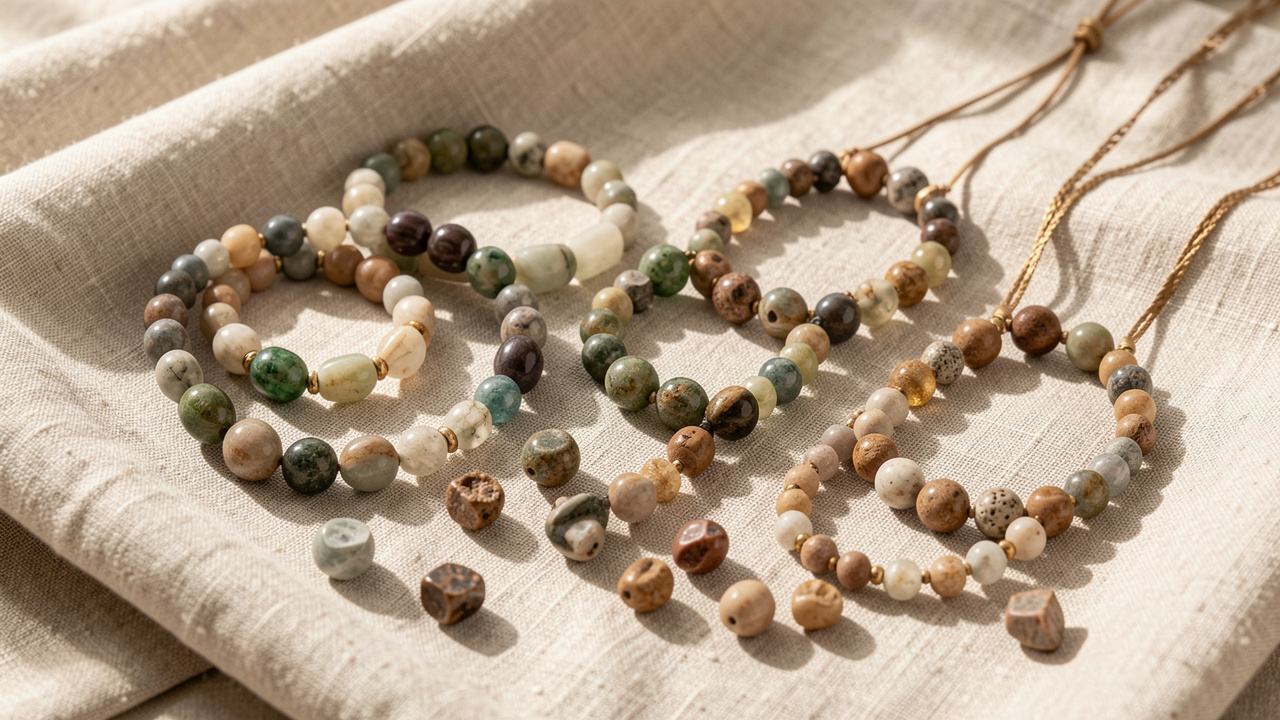 Collection élégante de bijoux perlés en pierres naturelles, présentée sur un tissu en lin aux tons neutres.