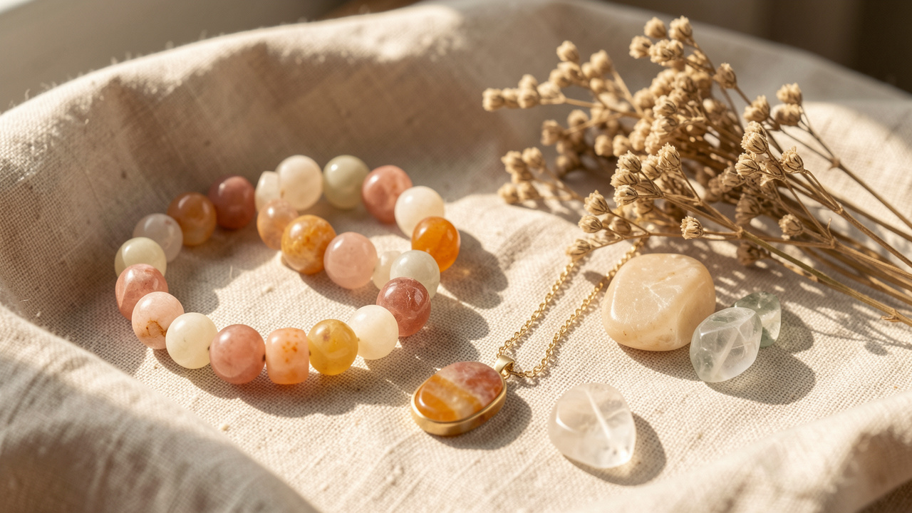Composition de bijoux en pierres naturelles et de cristaux polis posés sur un tissu beige avec des éléments botaniques séchés, dans une lumière chaleureuse.