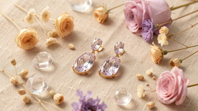 Paire de boucles d’oreilles élégantes ornées de pierres colorées, présentées sur un tissu beige avec des cristaux polis et des fleurs séchées.