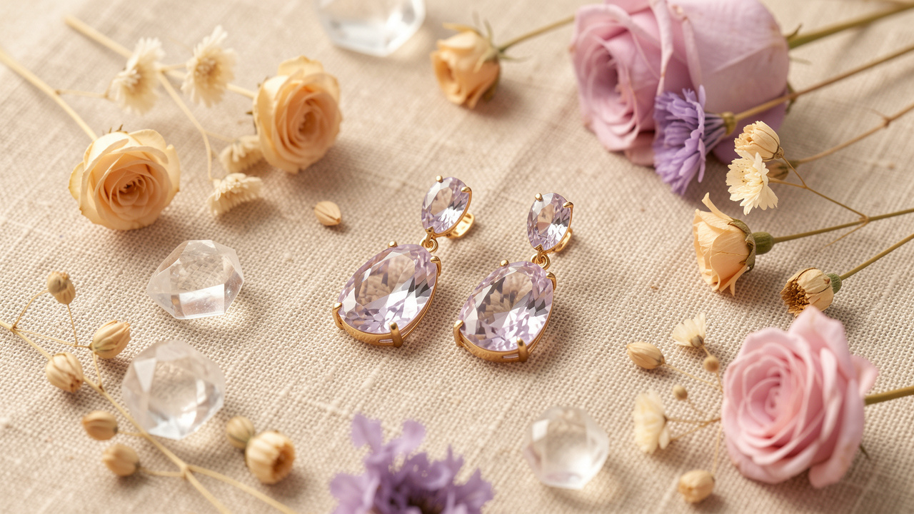 Paire de boucles d’oreilles élégantes ornées de pierres colorées, présentées sur un tissu beige avec des cristaux polis et des fleurs séchées.