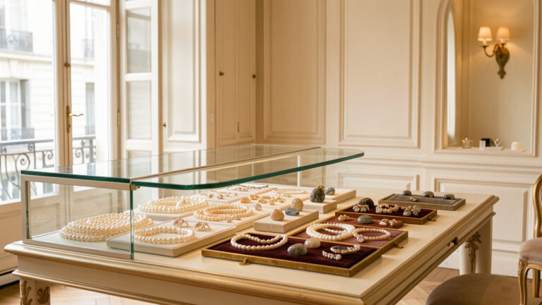 Intérieur élégant d’une boutique parisienne présentant des perles naturelles, des pierres polies et des bijoux délicats dans des vitrines éclairées.