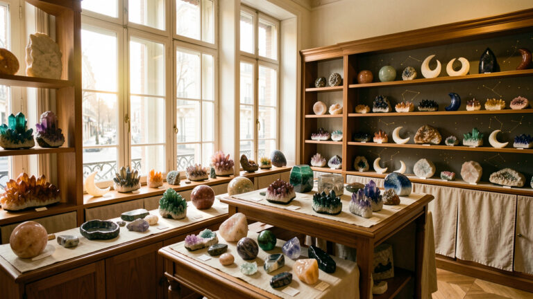 Intérieur élégant d’une boutique parisienne présentant une sélection de pierres naturelles et de cristaux organisée autour d’une inspiration céleste.