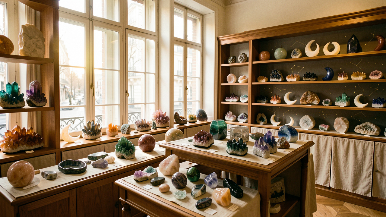 Intérieur élégant d’une boutique parisienne présentant une sélection de pierres naturelles et de cristaux organisée autour d’une inspiration céleste.