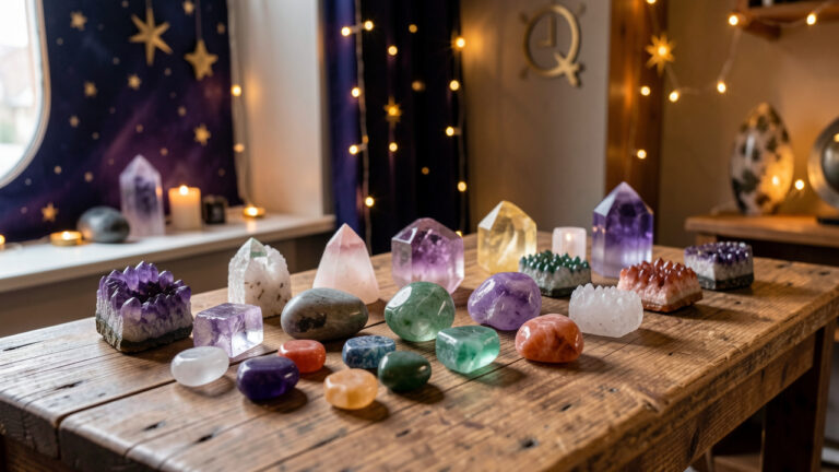 Sélection de pierres naturelles et de cristaux colorés présentés dans une boutique chaleureuse à l’ambiance céleste.