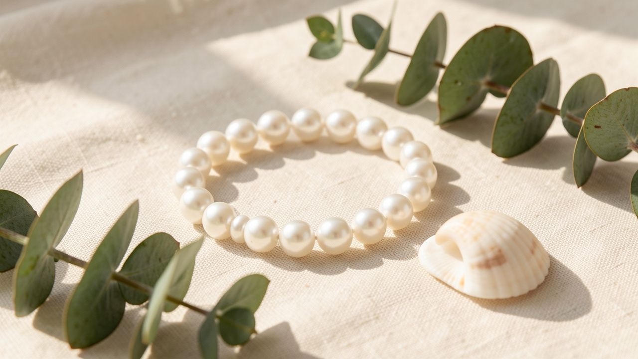 Bracelet délicat composé de perles blanches posé sur un tissu en lin crème, accompagné d’un coquillage et de brins d’eucalyptus.