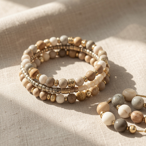 Bracelet à plusieurs rangs composé de perles variées et d’éléments métalliques, présenté avec des échantillons de perles sur une surface en lin clair.