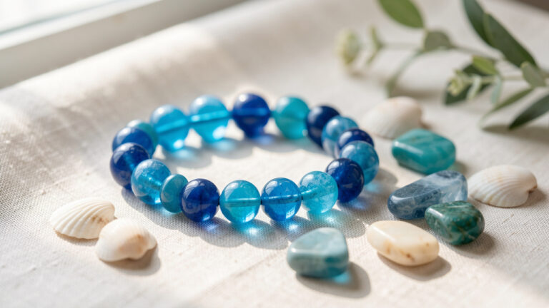 Bracelet artisanal composé de perles bleues et entouré de pierres naturelles, présenté sur un tissu clair dans une ambiance douce et apaisante.