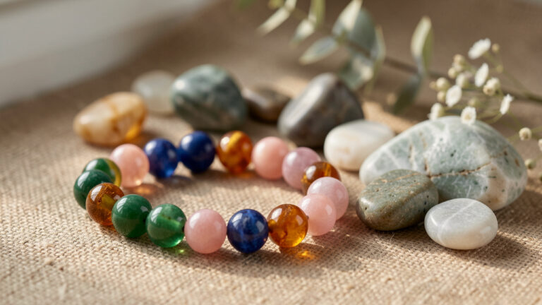 Bracelet artisanal composé de perles naturelles multicolores, entouré de pierres polies et d’éléments végétaux sur un fond aux tons terreux.