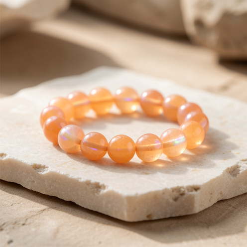 Bracelet délicat composé de perles polies en pierre de lune orangée, posé sur une surface minérale claire.