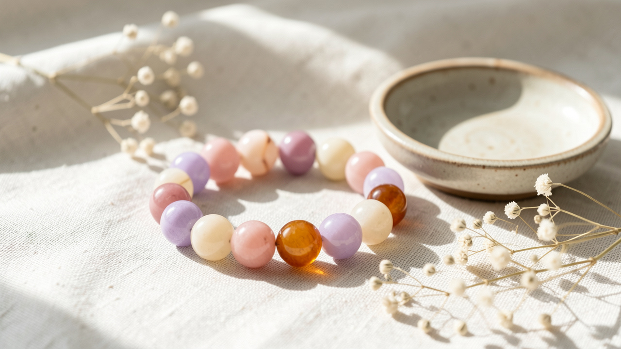 Bracelet composé de pierres naturelles polies aux teintes lavande, rose, crème et ambre, posé sur du lin clair avec quelques éléments botaniques.