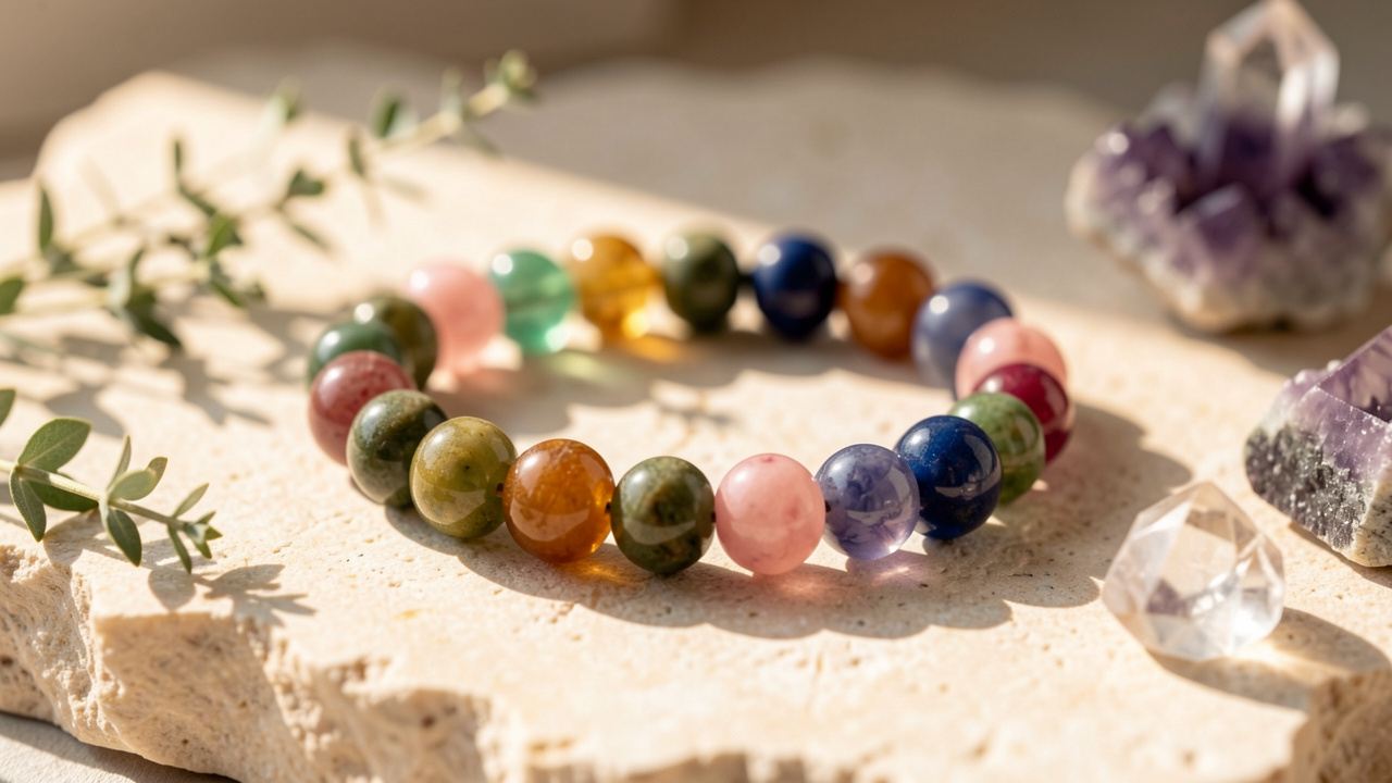 Bracelet composé de perles en pierres naturelles aux teintes vertes, ambrées, roses et bleues, présenté sur une surface minérale claire avec quelques cristaux et éléments végétaux.