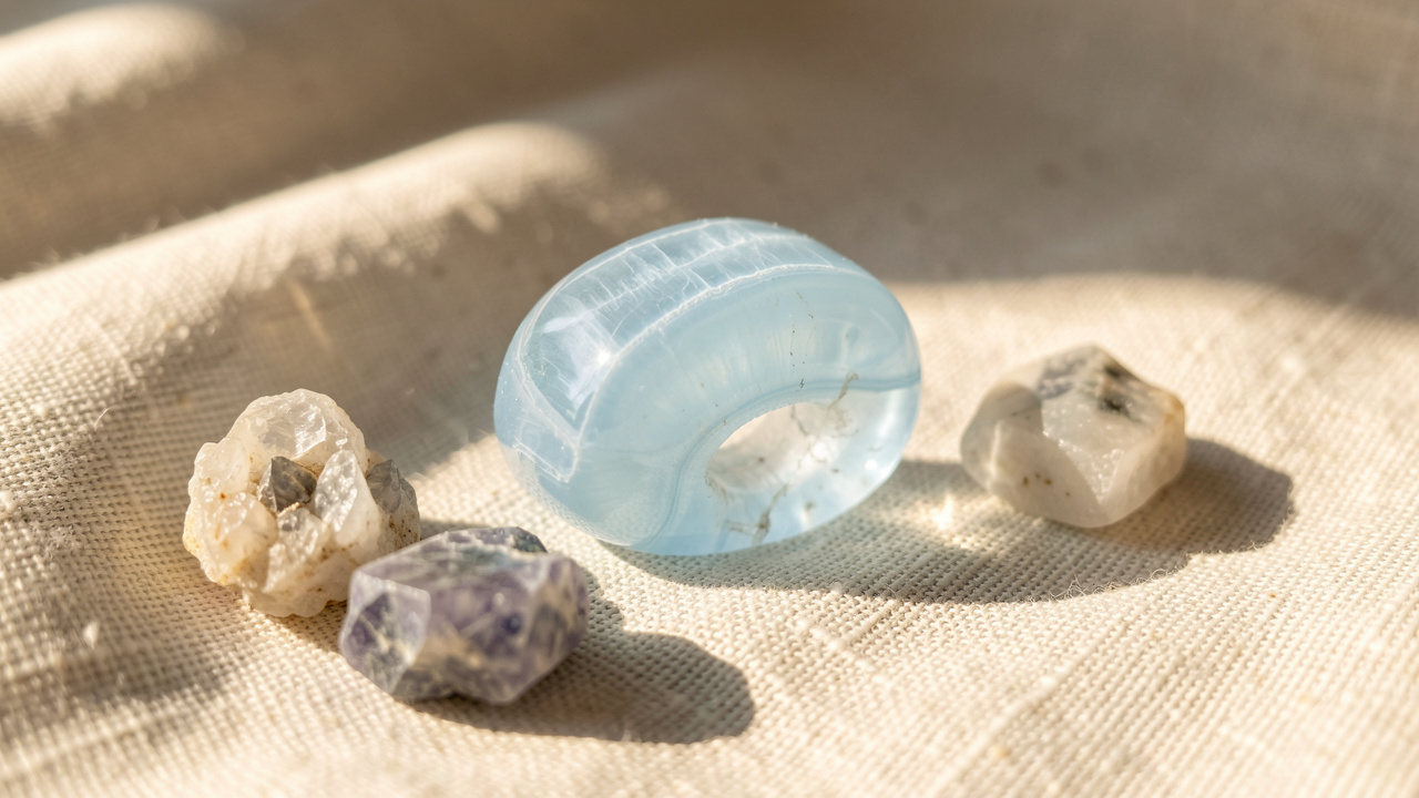 Gros plan d’une pierre de calcédoine bleu pâle polie, posée sur du lin naturel avec quelques fragments minéraux, éclairée par une douce lumière matinale.