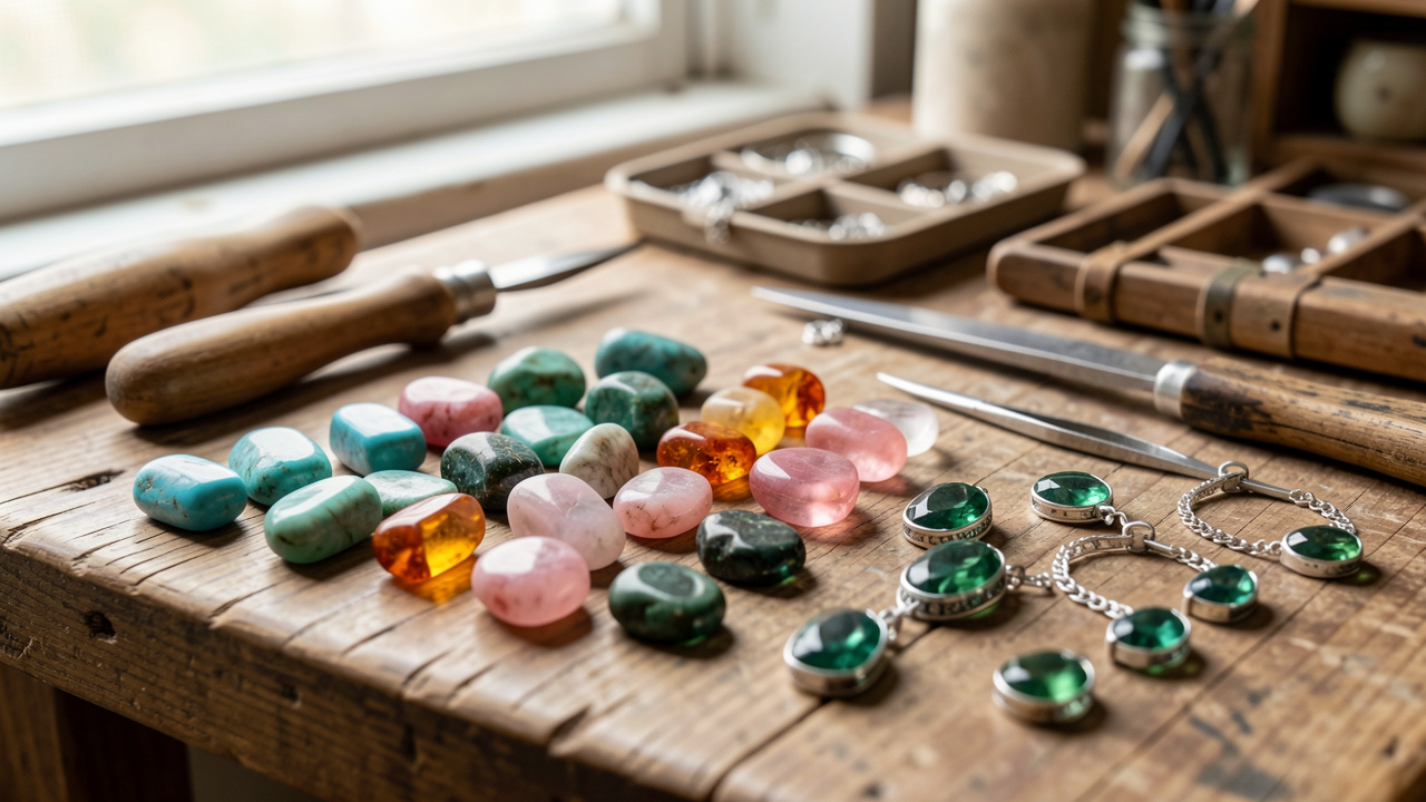Sélection de pierres naturelles colorées disposées près d’outils de bijouterie et de bijoux artisanaux en cours de création dans un atelier lumineux.
