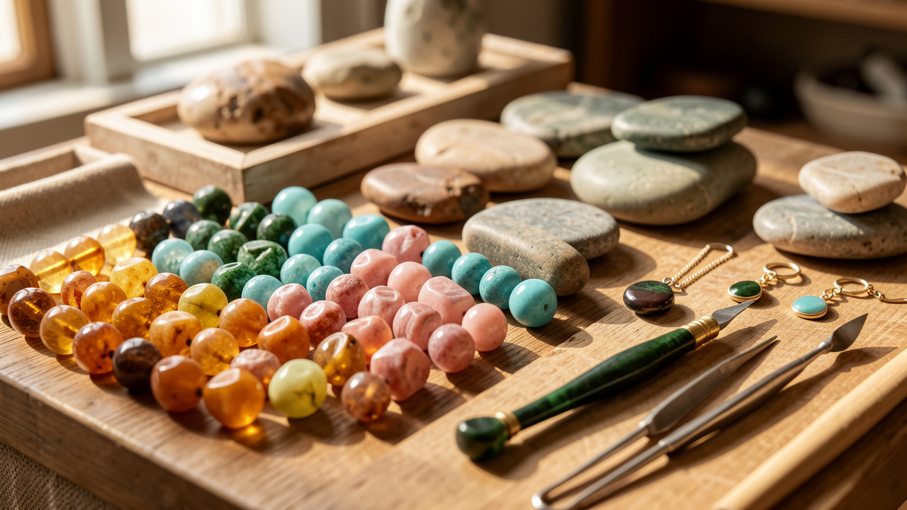 Présentation de perles en pierres naturelles aux couleurs variées, disposées avec des outils de création de bijoux dans une ambiance artisanale et chaleureuse.