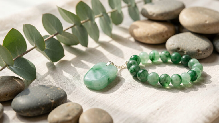 Composition de pierres de jade polies et de bijoux en jade aux nuances vertes, disposés sur du lin clair avec des galets et des feuilles d’eucalyptus.