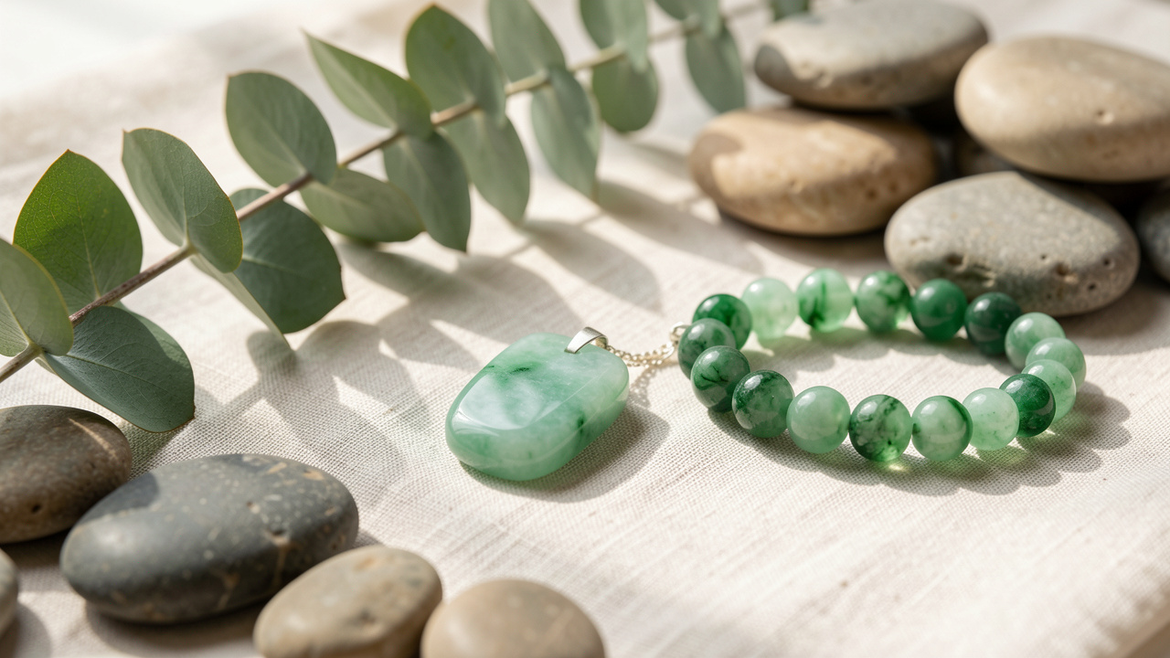 Composition de pierres de jade polies et de bijoux en jade aux nuances vertes, disposés sur du lin clair avec des galets et des feuilles d’eucalyptus.
