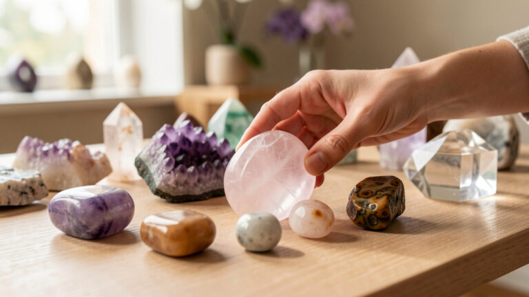 Pierres naturelles polies et cristaux bruts disposés dans une boutique lumineuse, avec une main choisissant un quartz rose parmi plusieurs variétés.