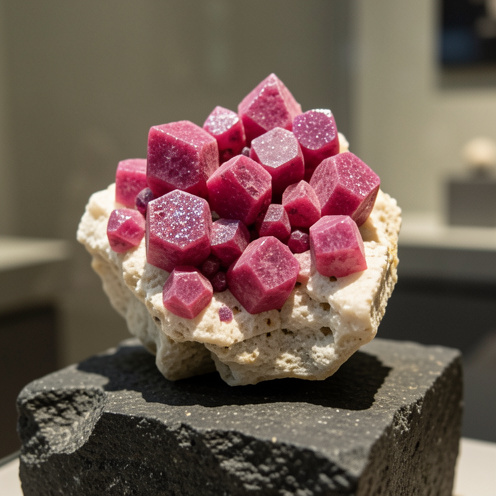 Échantillon de cobalto-calcite composé de cristaux rhomboédriques rose framboise sur une matrice calcaire claire.