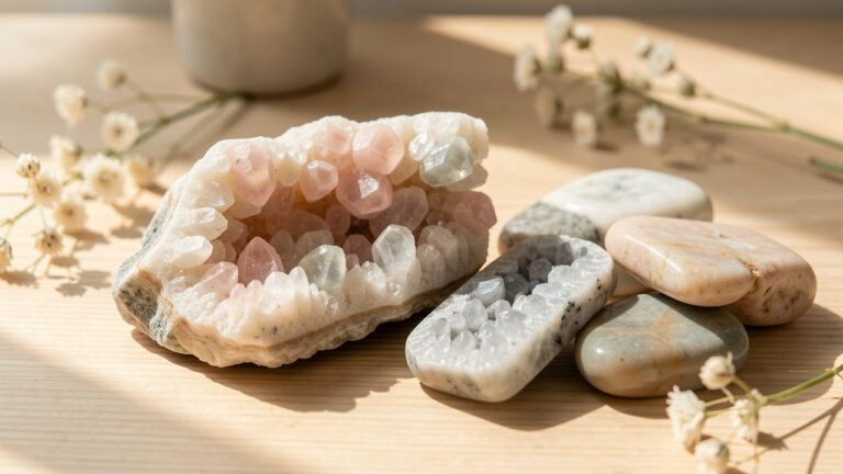 Échantillons de dolomite aux teintes blanc crème, rose pâle et gris doux disposés avec des pierres polies dans une ambiance naturelle et apaisante.