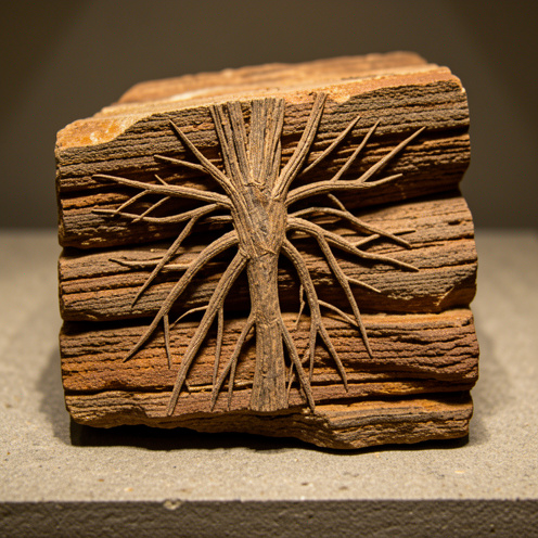 Fossile de racine de palmier aux ramifications visibles, conservé dans une roche sédimentaire stratifiée aux teintes brunes et ocres.