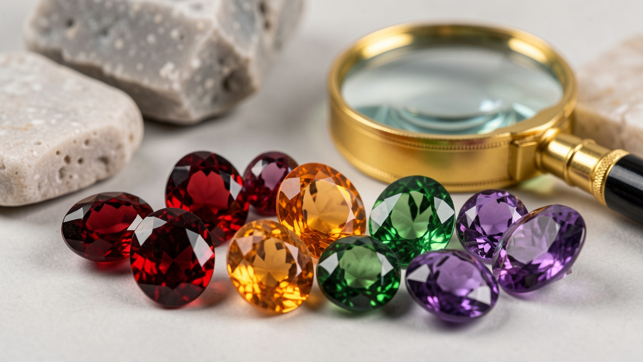 Collection de grenats naturels aux teintes rouge profond, vineuse, orange, verte et violette, présentés avec une loupe et des échantillons minéraux.