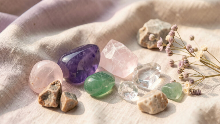 Arrangement de bijoux naturels ornés de pierres colorées, accompagné de cristaux bruts et de feuillages sur un tissu en lin.