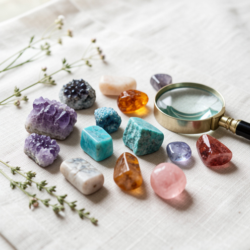 Collection de minéraux et de pierres polies aux couleurs variées, disposés sur du lin avec des éléments botaniques et une loupe.