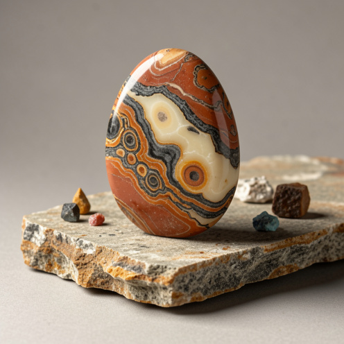 Pierre de jaspe Maligano polie, aux motifs naturels complexes dans des tons terracotta, crème, charbon et ocre, posée sur une roche géologique.