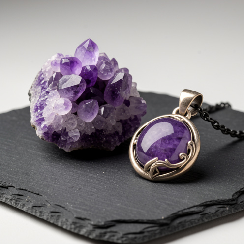 Spécimen de kammerérite violette présenté à côté d’un pendentif artisanal serti d’une pierre violette, sur une ardoise sombre.