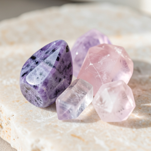 Cristaux de lépidolite aux teintes lilas associés à un quartz rose poli, présentés sur une surface minérale claire.