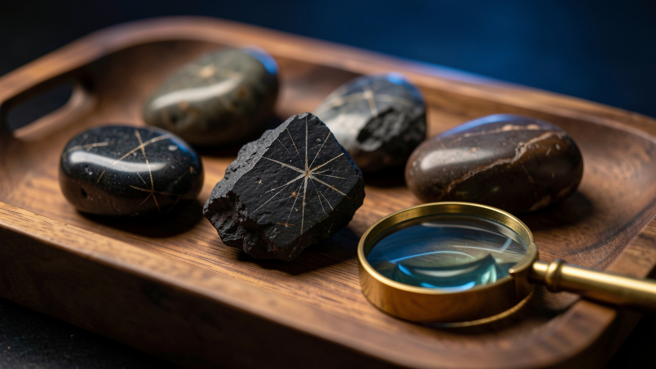 Fragment de météorite sombre entouré de pierres polies, d’une loupe en laiton et d’un plateau en bois, dans une ambiance céleste élégante.