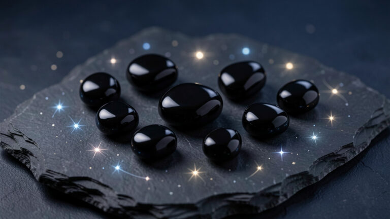 Pierres d’onyx noir polies disposées sur une surface minérale sombre, entourées de discrètes constellations lumineuses évoquant les signes astrologiques.