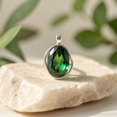 Pendentif raffiné en tourmaline verte facettée, monté sur argent et posé sur une pierre claire dans une lumière douce.