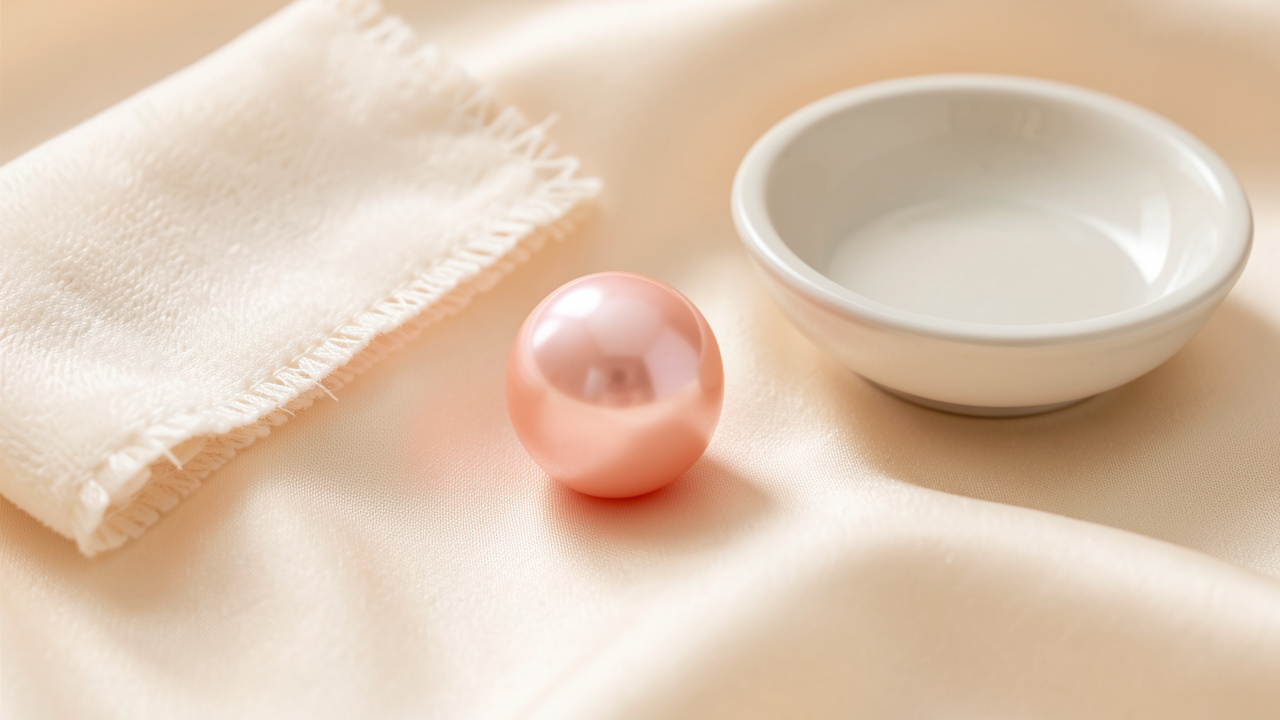 Perle rose lumineuse posée sur un tissu ivoire, accompagnée d’un chiffon doux et d’une petite coupelle en céramique.