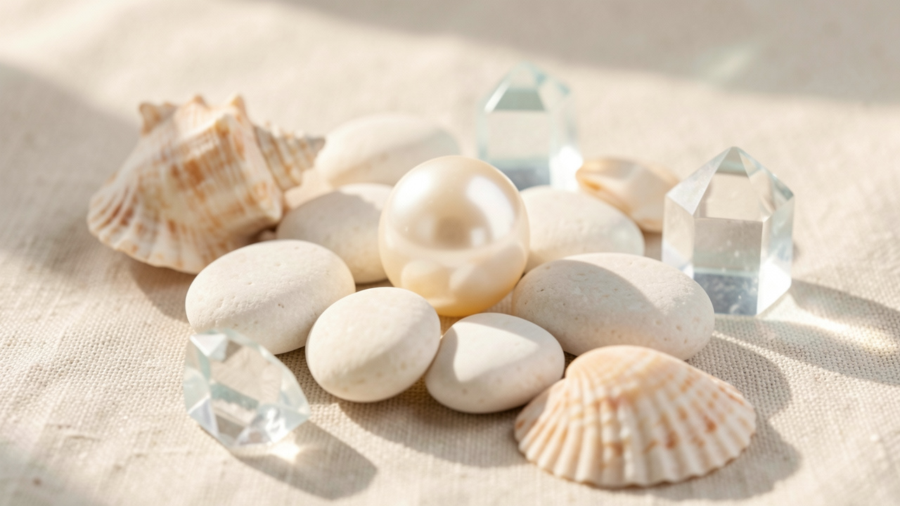 Perle lumineuse entourée de pierres blanches, de coquillages et de cristaux dans une composition douce et apaisante.