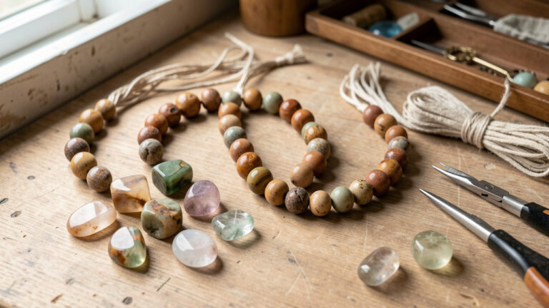 Composition élégante de perles naturelles en pierre aux teintes terreuses, disposées avec un collier fait main et des outils de bijouterie sur un linge en lin.