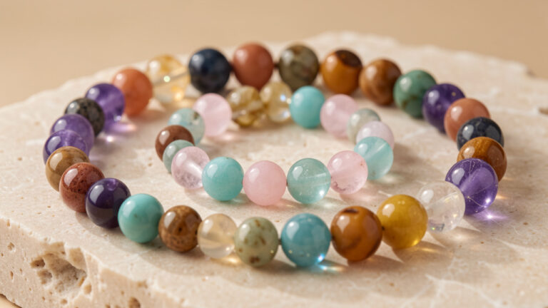 Assortiment de perles naturelles en améthyste, quartz rose, turquoise, jaspe et pierre de lune disposées harmonieusement sur une surface claire.