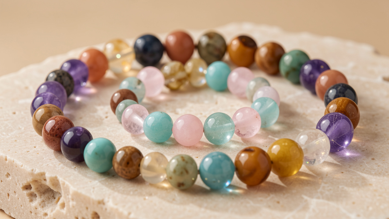 Assortiment de perles naturelles en améthyste, quartz rose, turquoise, jaspe et pierre de lune disposées harmonieusement sur une surface claire.